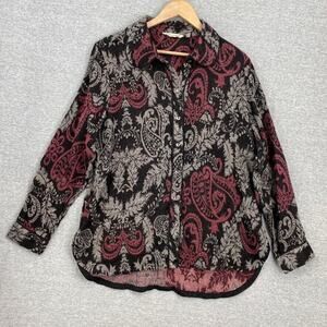 Soft Surroundings Tunic Top Women Large Black Red Paisley Button Up Long Sleeve